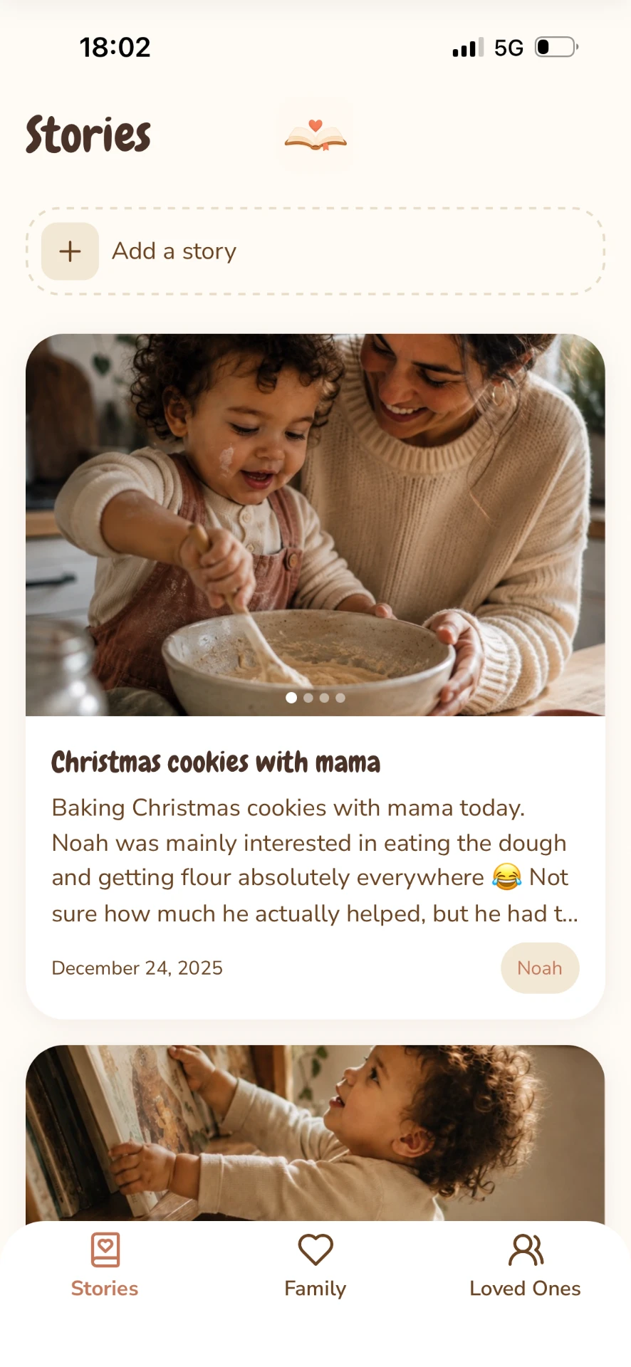 Storynook stories feed showing a family baking together